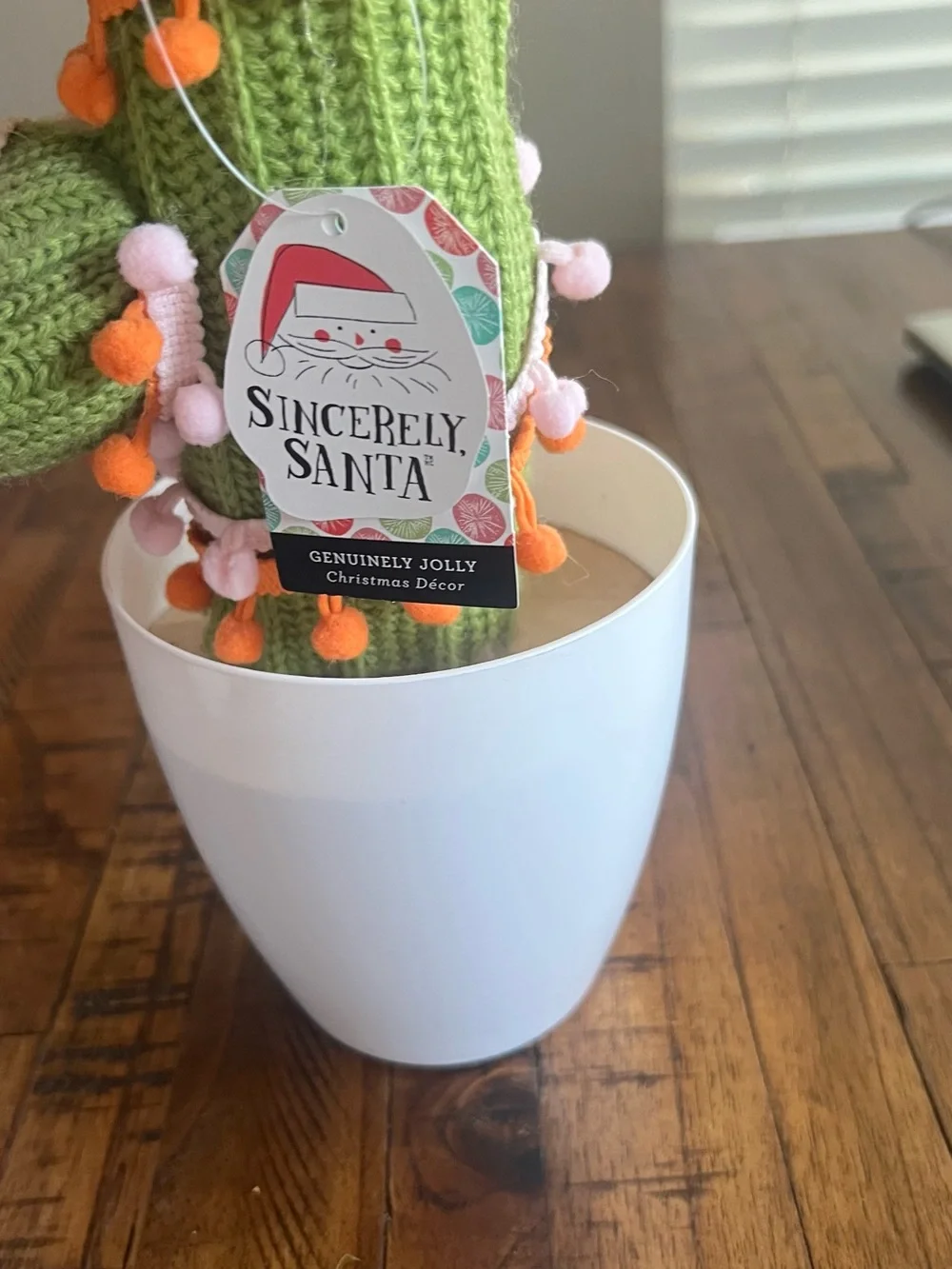 Handmade Green Knit Cactus Accent with Orange and Pink Pom-Poms